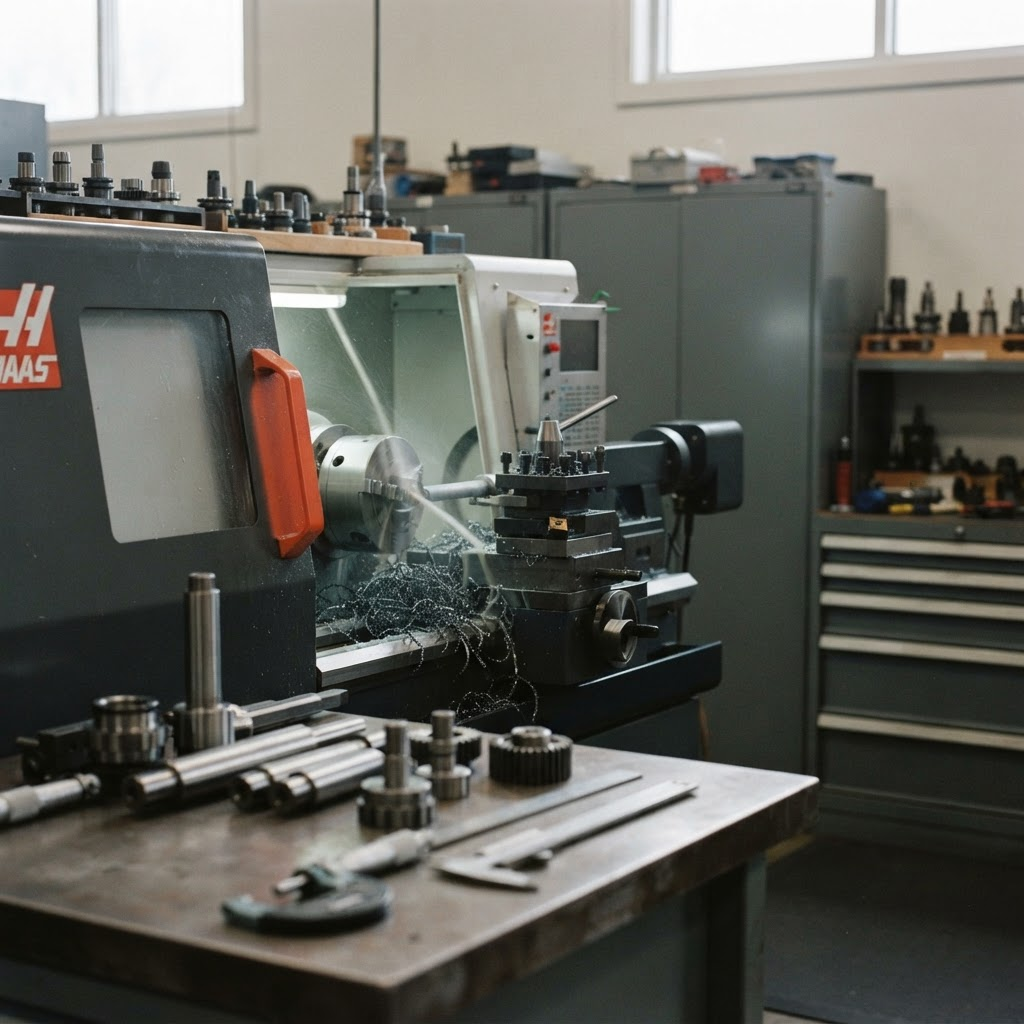 A CNC lathe cutting steel in a precision machining workshop